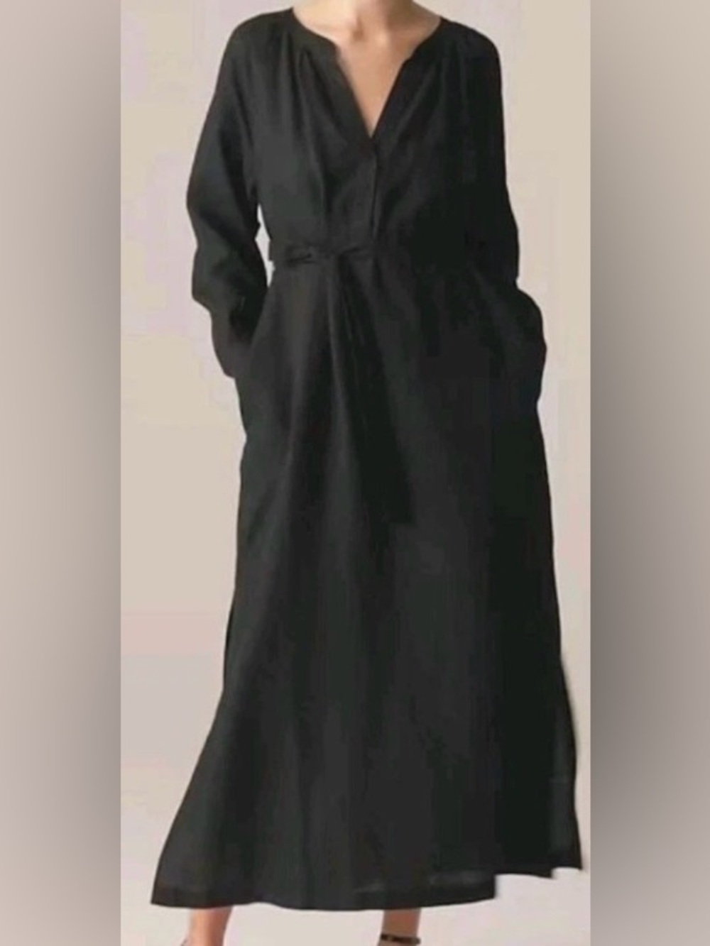 J.Crew Dress Womens S Black Linen V Neck Long Sleeve Shirt Maxi Belted Pockets
